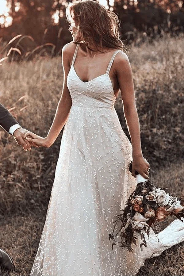 Straps Long Train A-line Lace Simple Rustic Backless Wedding Dress (ZD16243)