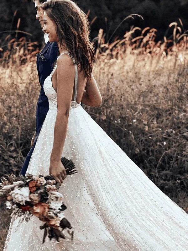Straps Long Train A-line Lace Simple Rustic Backless Wedding Dress (ZD16243)