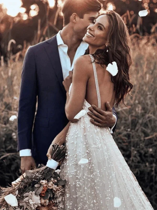 Straps Long Train A-line Lace Simple Rustic Backless Wedding Dress (ZD16243)