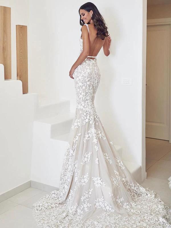 Straps Mermaid Wedding Dresses Lace Appliqued Gowns Wedding Dresses (ZD16229)