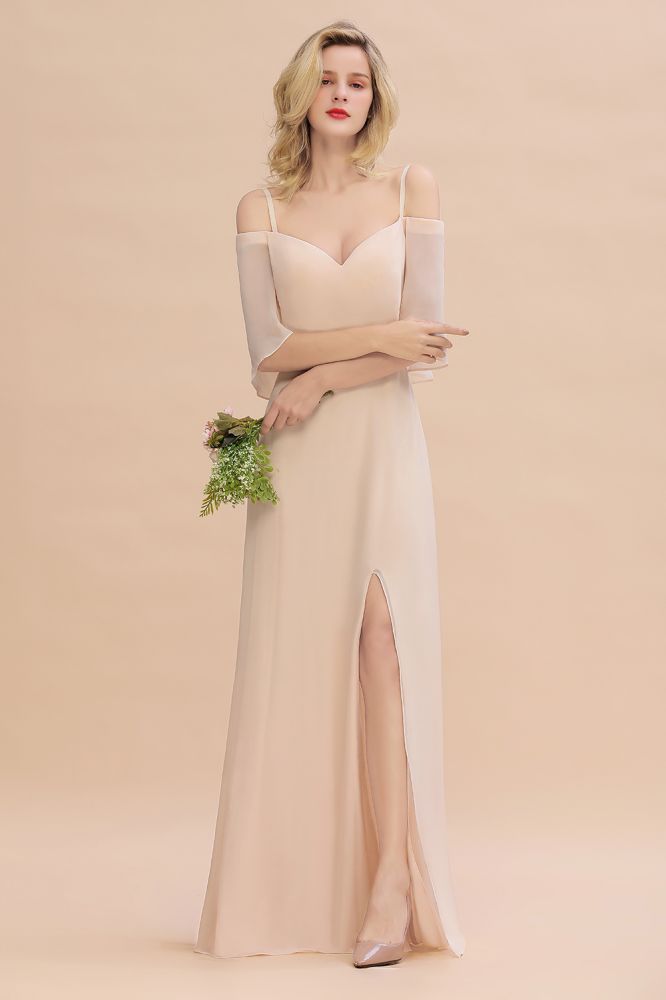 Stunning Simple Spaghetti Straps Tiered Prom Dresses | Side Slit Elegant Sleeveless Evening Dresses