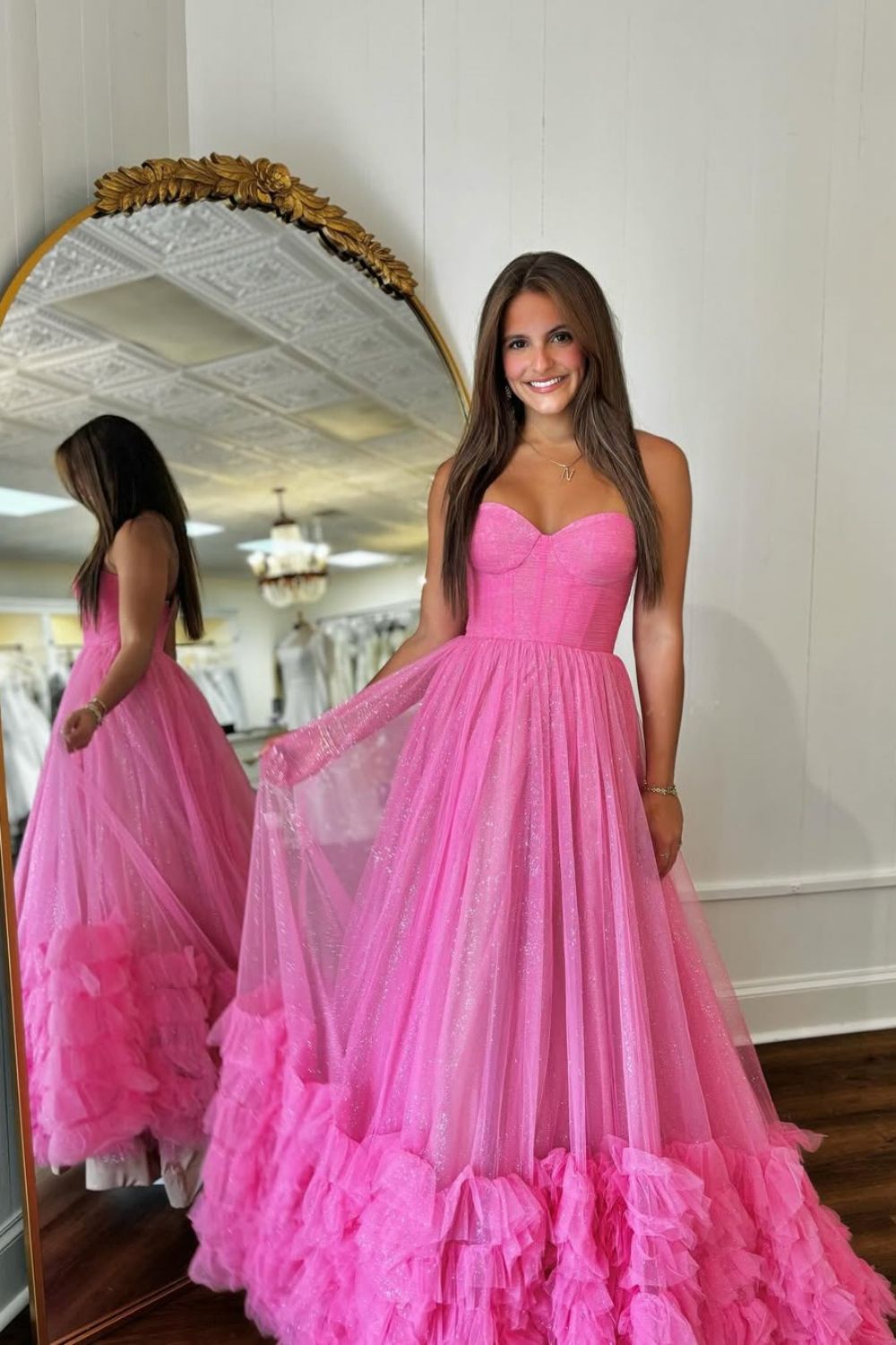 Stunning A-Line Pink Sweetheart Long Glitter Tulle Prom Dress with Ruffle