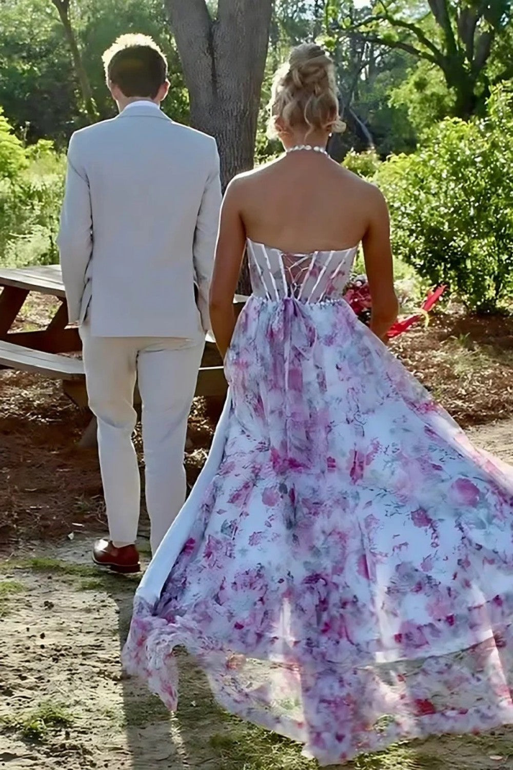 Stunning A Line Halter Neck Pink Floral Printed Corset Prom Dress with Pearls