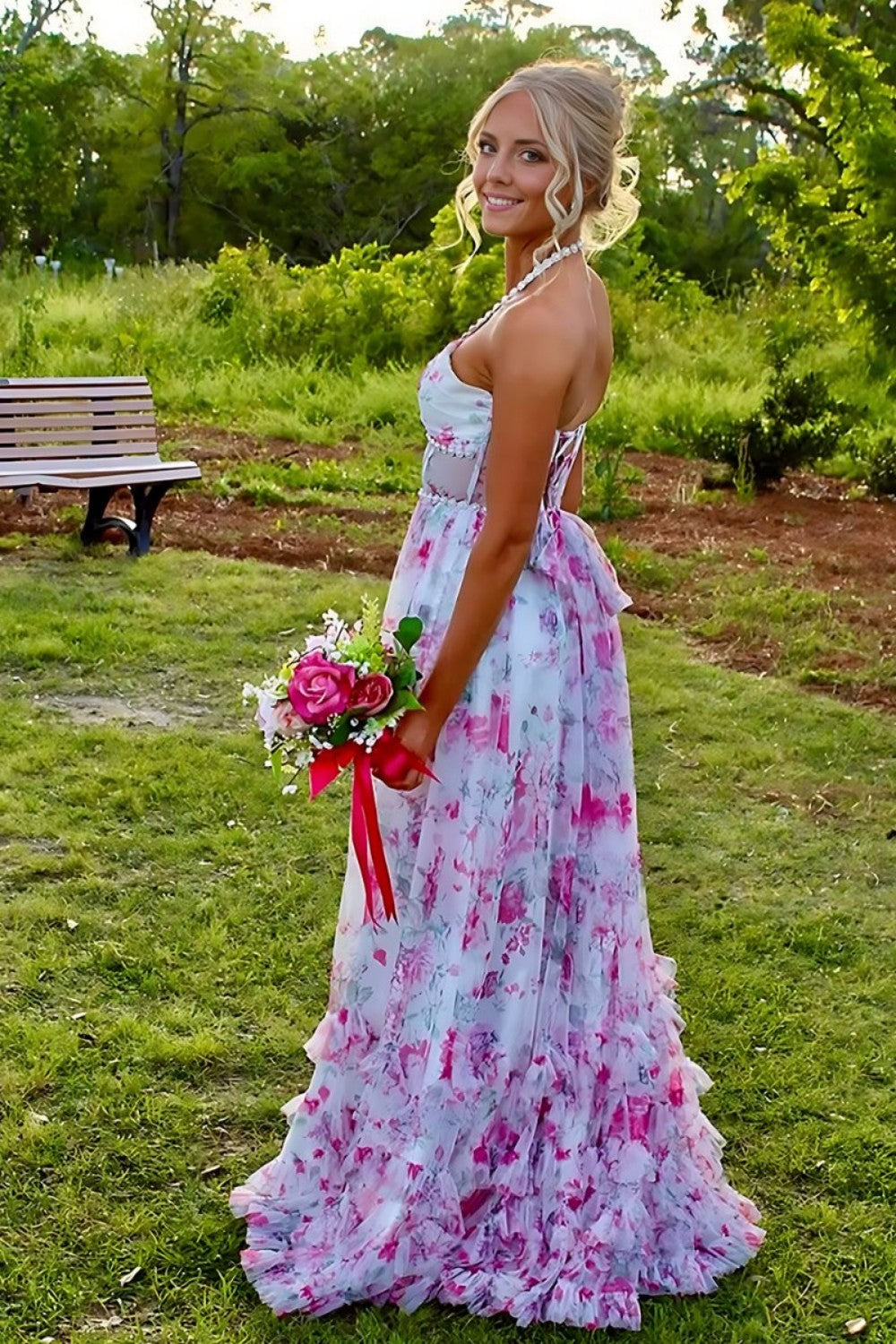 Stunning A Line Halter Neck Pink Floral Printed Corset Prom Dress with Pearls