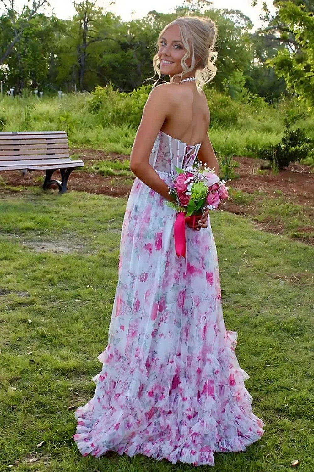 Stunning A Line Halter Neck Pink Floral Printed Corset Prom Dress with Pearls