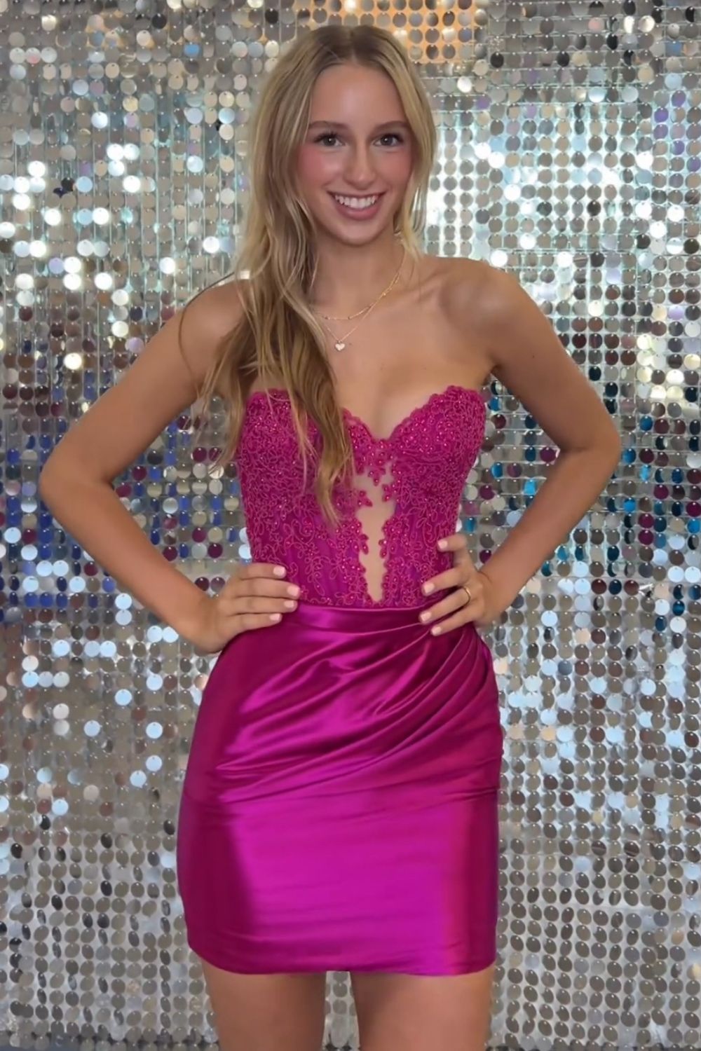 Stunning Fuchsia Bodycon Sweetheart Lace Top Short Satin Homecoming Dress