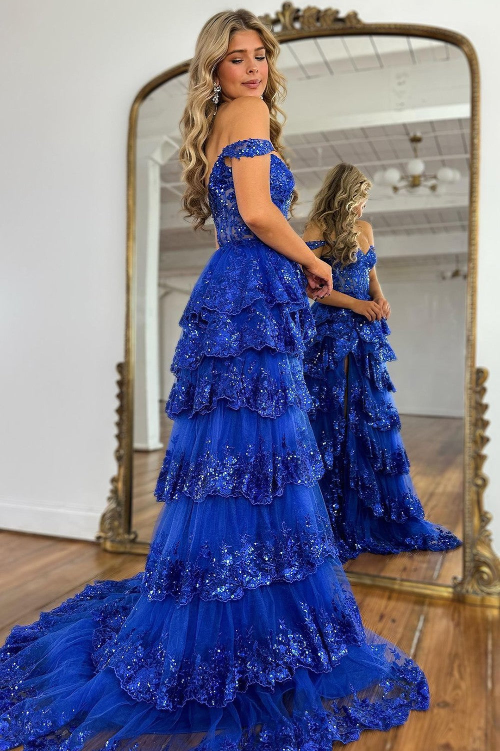 Sparkly Hot Pink A-Line Off The Shoulder Long Tiered Prom Dress With  Appliques