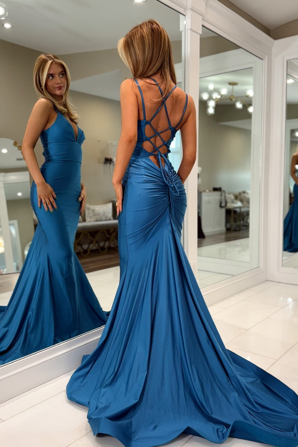 Stunning Mermaid Spaghetti Straps Peacock Blue Long Prom Dress with Criss Cross Back