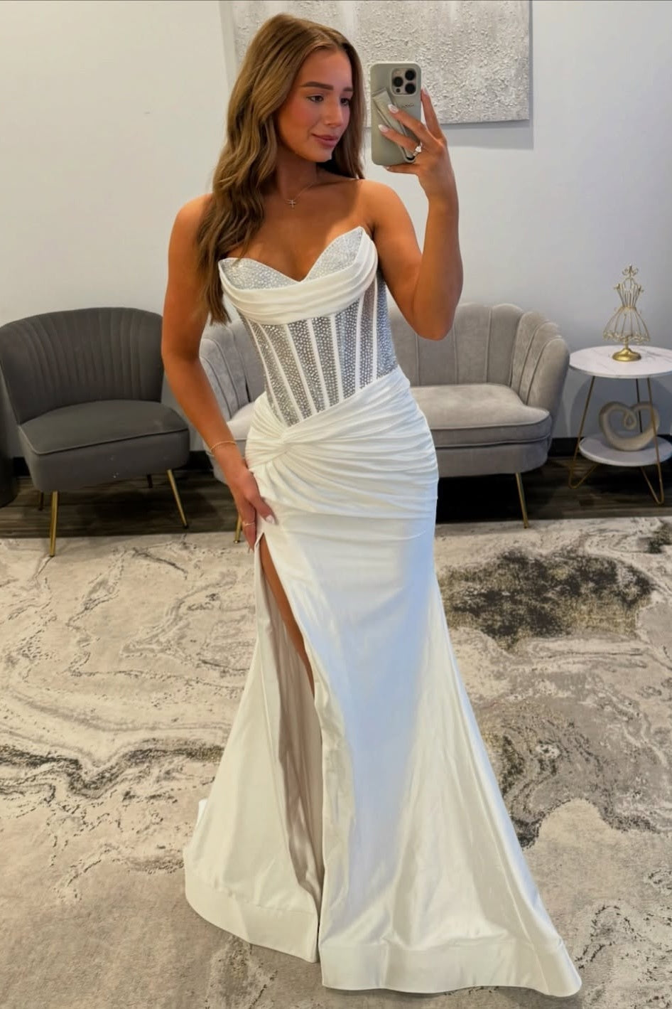 Stunning Mermaid Sweetheart White Corset Prom Dress with Beading - View 3 | FashionDia