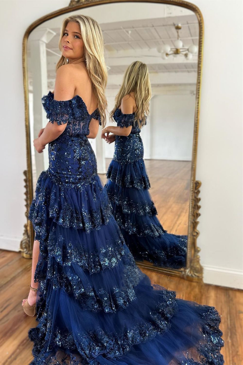 Sparkly Off The Shoulder Long Mermaid Prom Dress With Appliques And Split