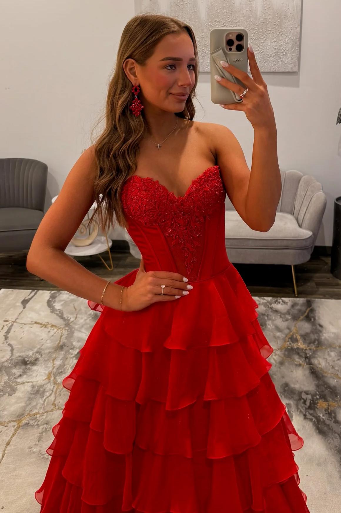 Charming A Line Sweetheart Red Corset Prom Dress with Appliques Ruffles