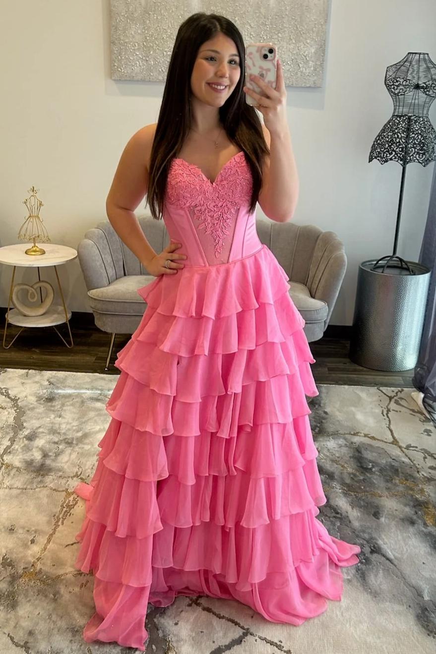 Charming A Line Sweetheart Red Corset Prom Dress with Appliques Ruffles
