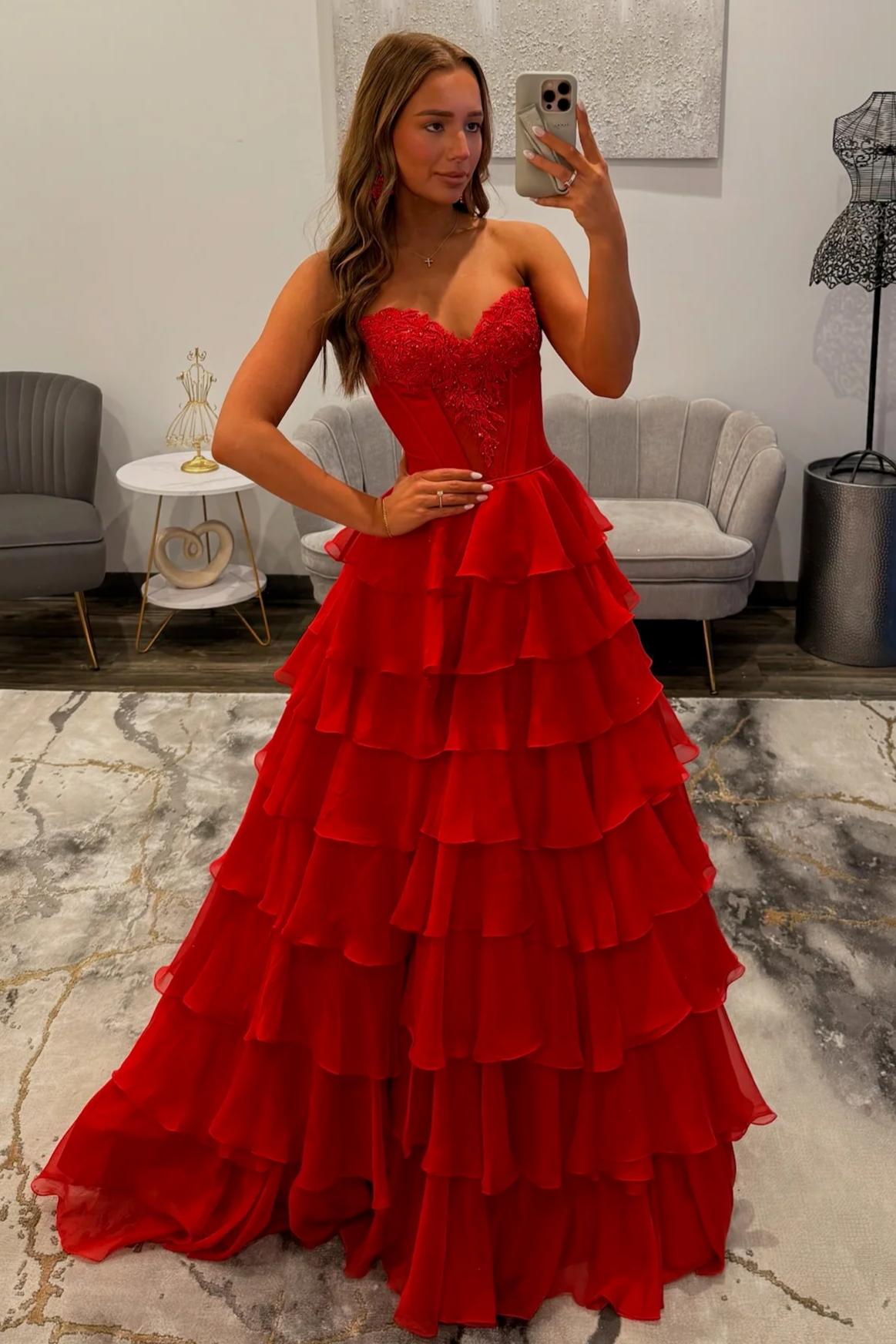 Charming A Line Sweetheart Red Corset Prom Dress with Appliques Ruffles