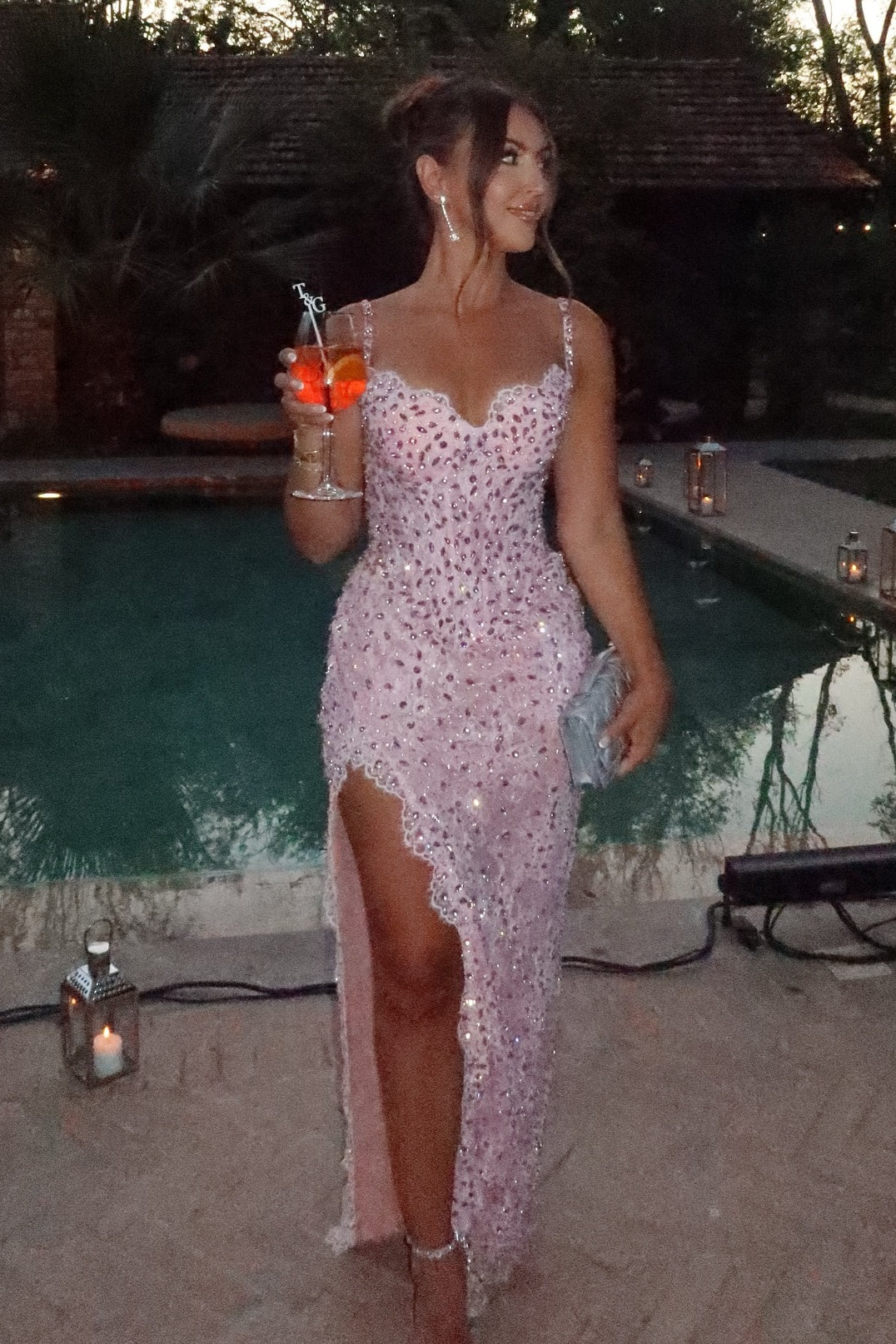 Luxurious Sheath Spaghetti Straps Pink Lace Party Dress with Beading