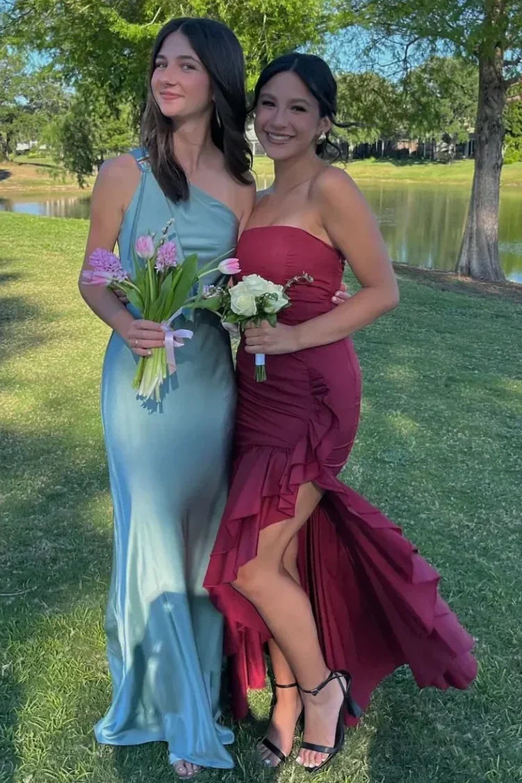 Stunning Sheath Strapless Burgundy Long Prom Dress with Ruffles - View 3 | FashionDia