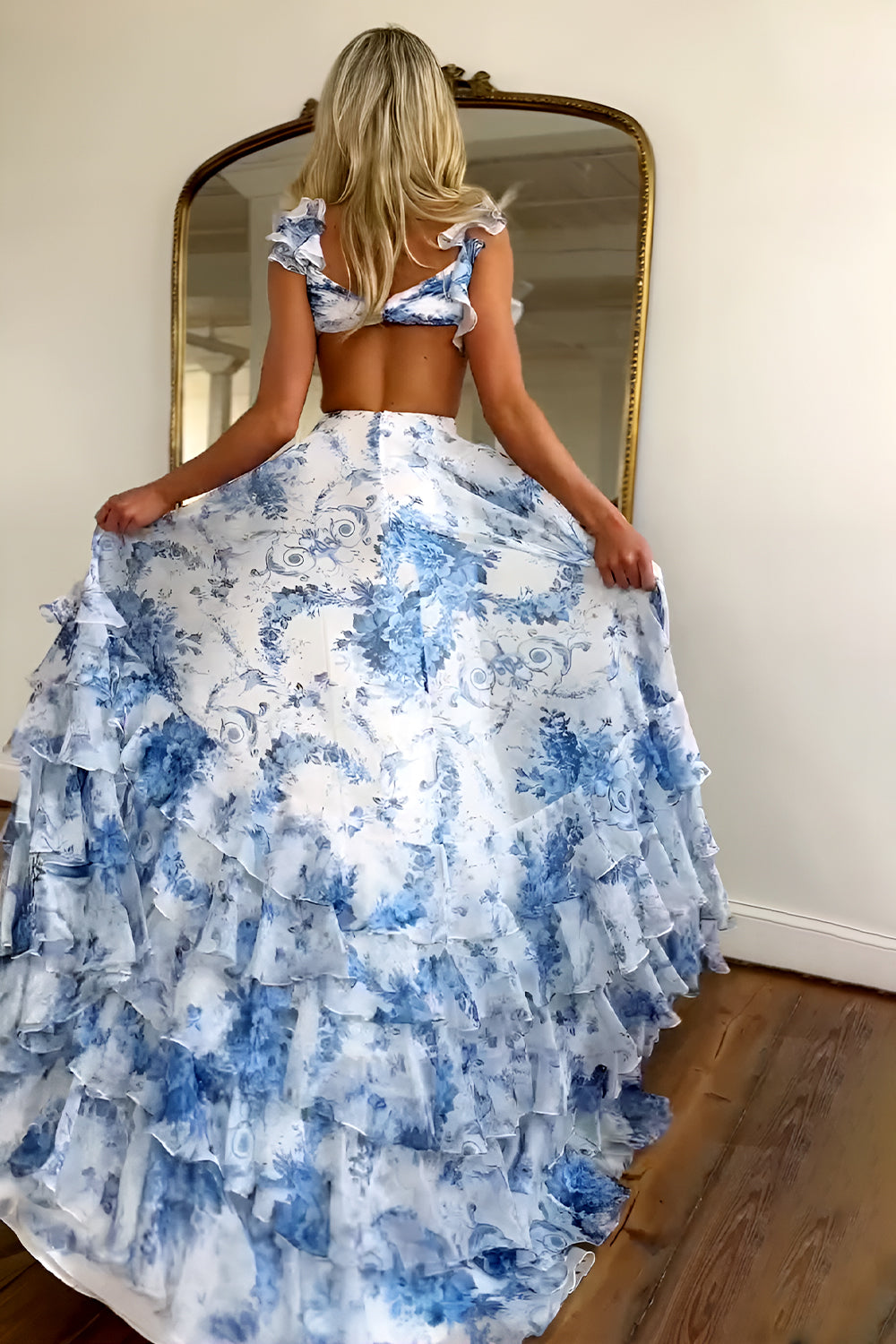 Stunning Blue V-Neck Waist Hollow A-Line Long Tiered Print Chiffon Prom Dress - View 2 | FashionDia