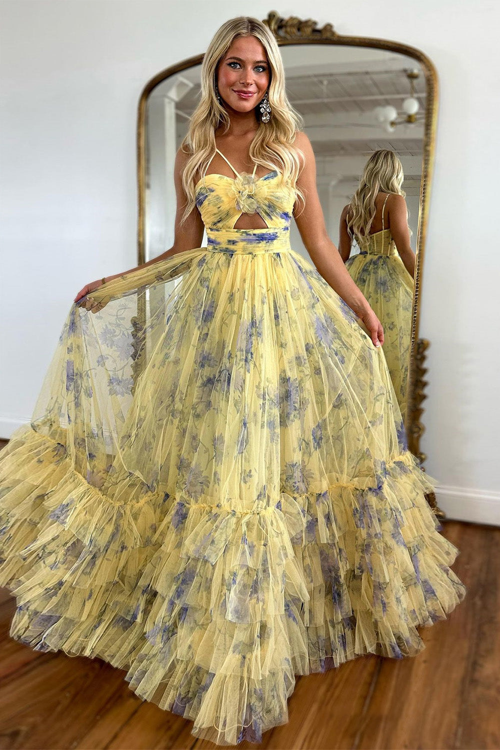 Cute Yellow Long A-Line Halter Neck Tulle Prom Dress With Ruffles - FashionDia