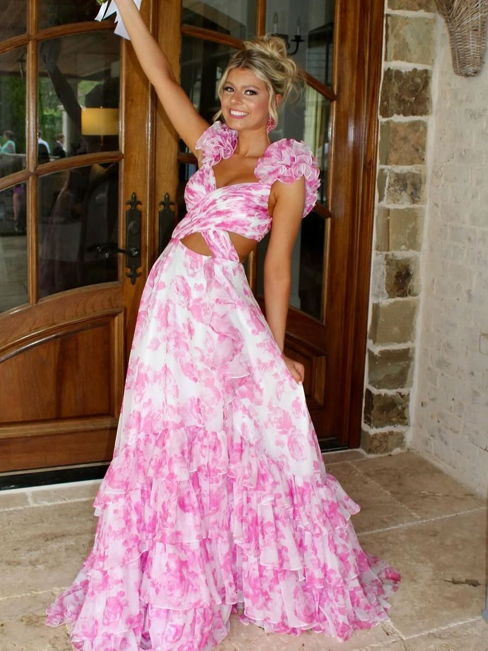 Stunning Blue V-Neck Waist Hollow A-Line Long Tiered Print Chiffon Prom Dress