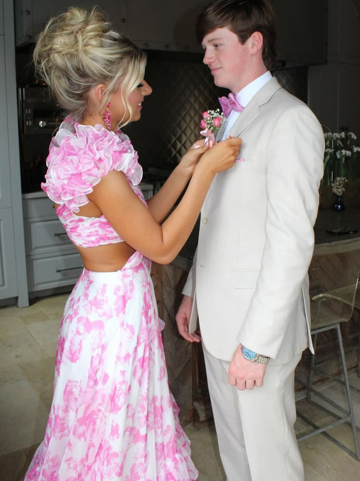 Stunning Blue V-Neck Waist Hollow A-Line Long Tiered Print Chiffon Prom Dress