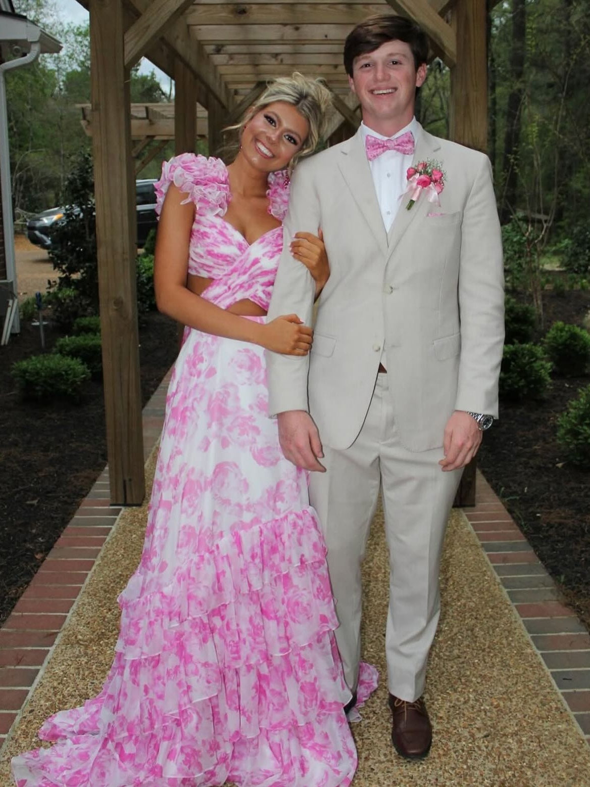 Stunning Blue V-Neck Waist Hollow A-Line Long Tiered Print Chiffon Prom Dress