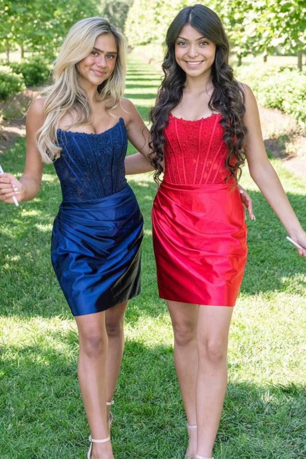 Stunning Bodycon Strapless Lace Top Short Satin Homecoming Dress