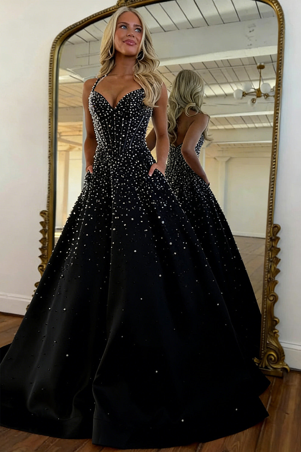 Stunning Pink Halter Corset Pearl Prom Dress with Beaded Bodice & Full Skirt
