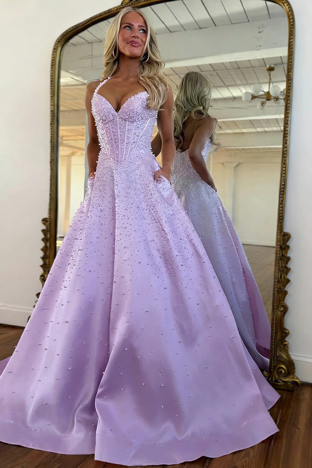 Stunning Pink Halter Corset Pearl Prom Dress with Beaded Bodice & Full Skirt