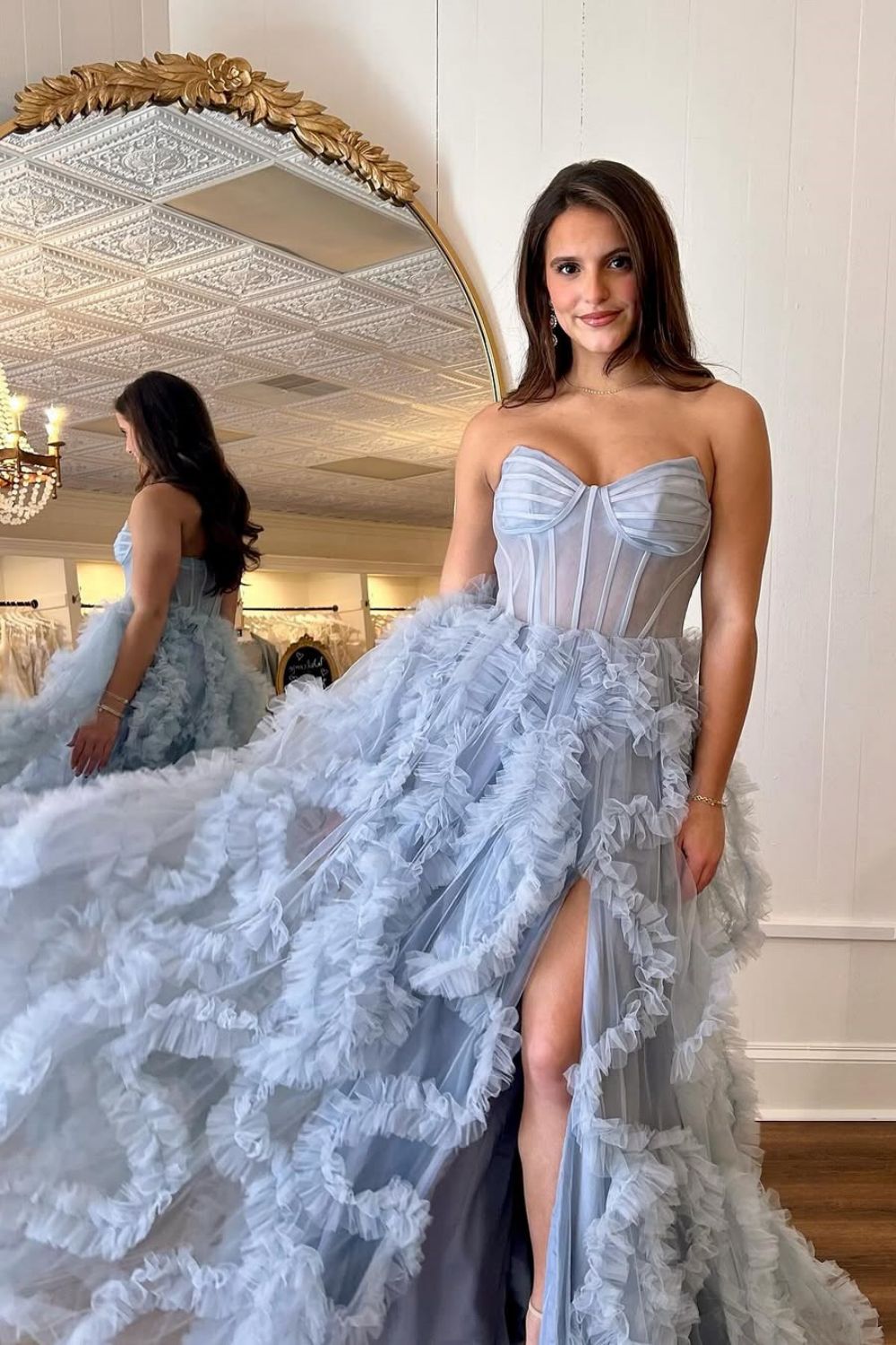 Stunning Light Blue A-Line Long Ruched Tulle Prom Dress with Slit