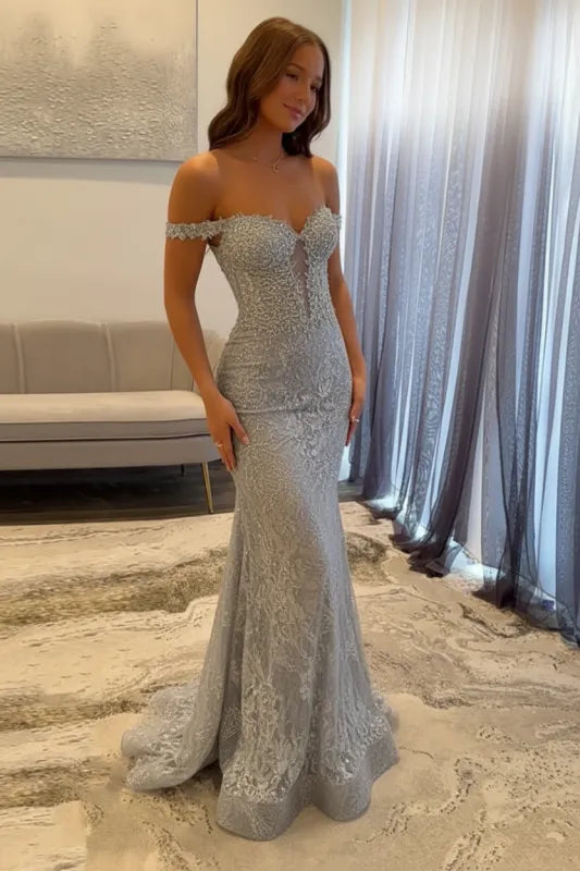 Stunning Mermaid Off the Shoulder Navy Long Prom Dress with Appliques Beading
