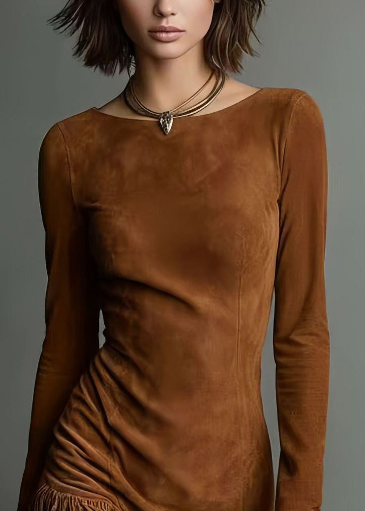 Style Brown O-Neck Tassel Faux Suede Mid Dresses Spring