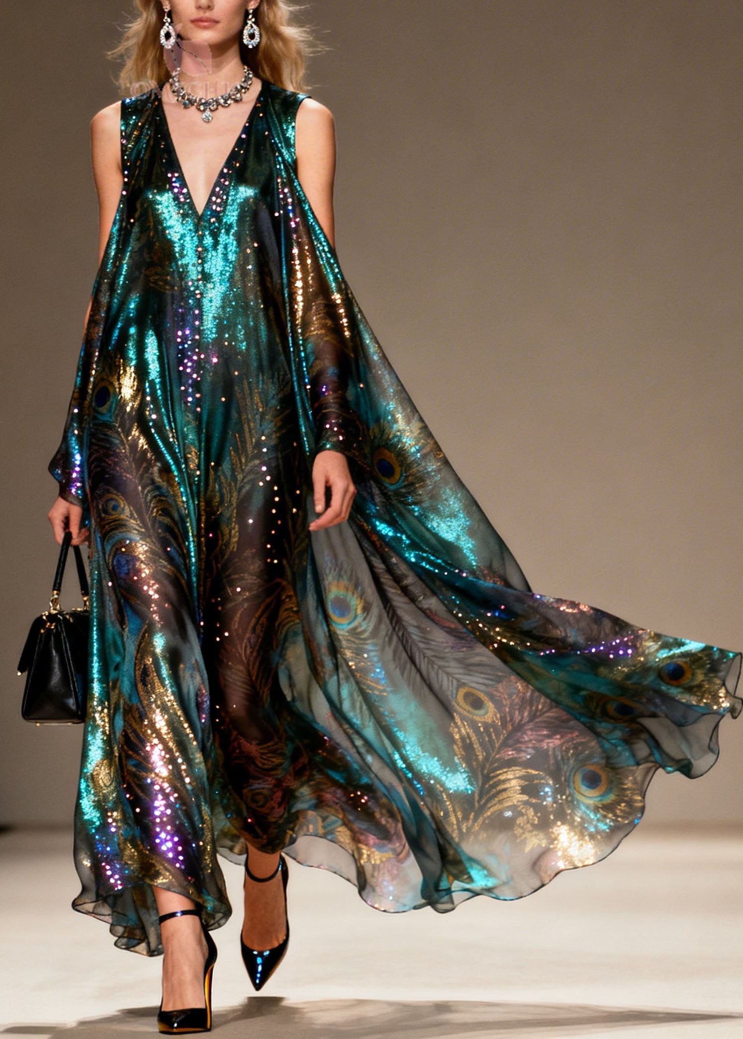 Style Cold Shoulder Print Zircon Chiffon Maxi Dresses Summer