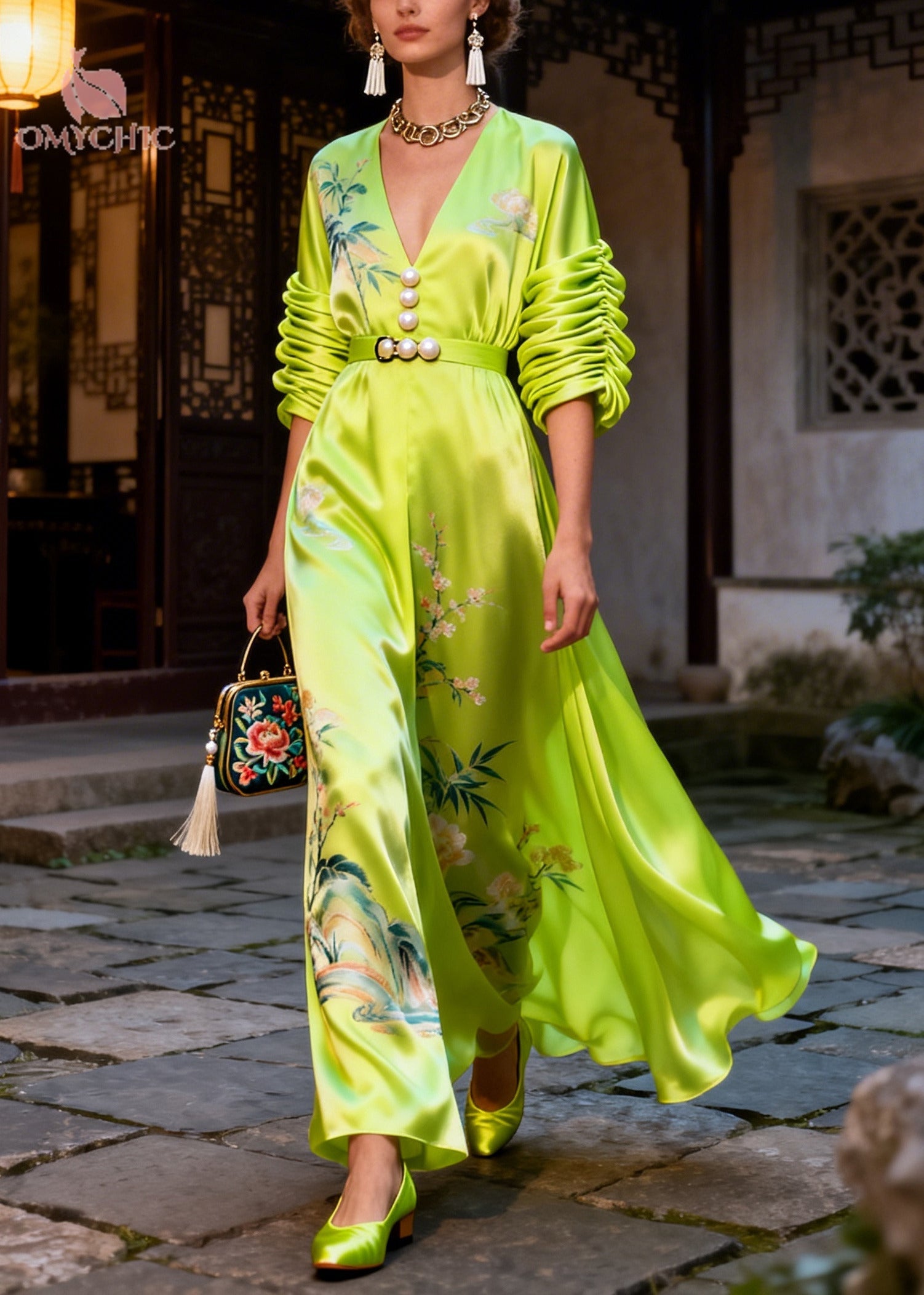Style Fluorescent Green Print Nail Bead Silk Maxi Dresses Summer