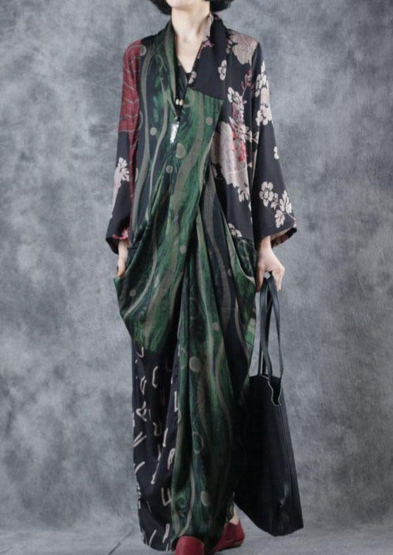 Style V Neck Pockets Asymmetric Robes Photography Green Print Dress Fall