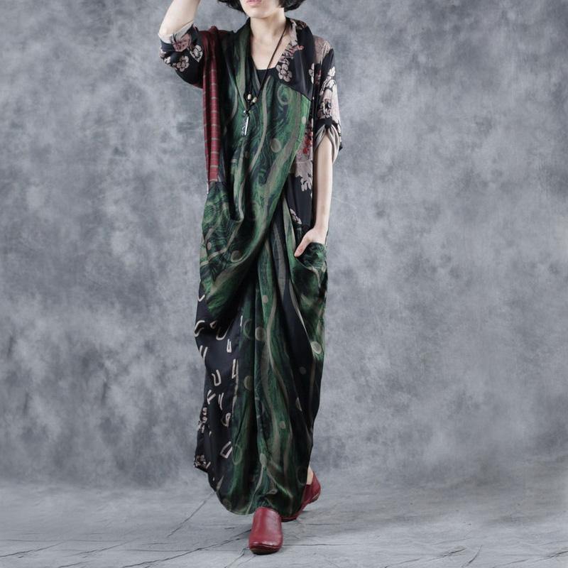 Style V Neck Pockets Asymmetric Robes Photography Green Print Dress Fall
