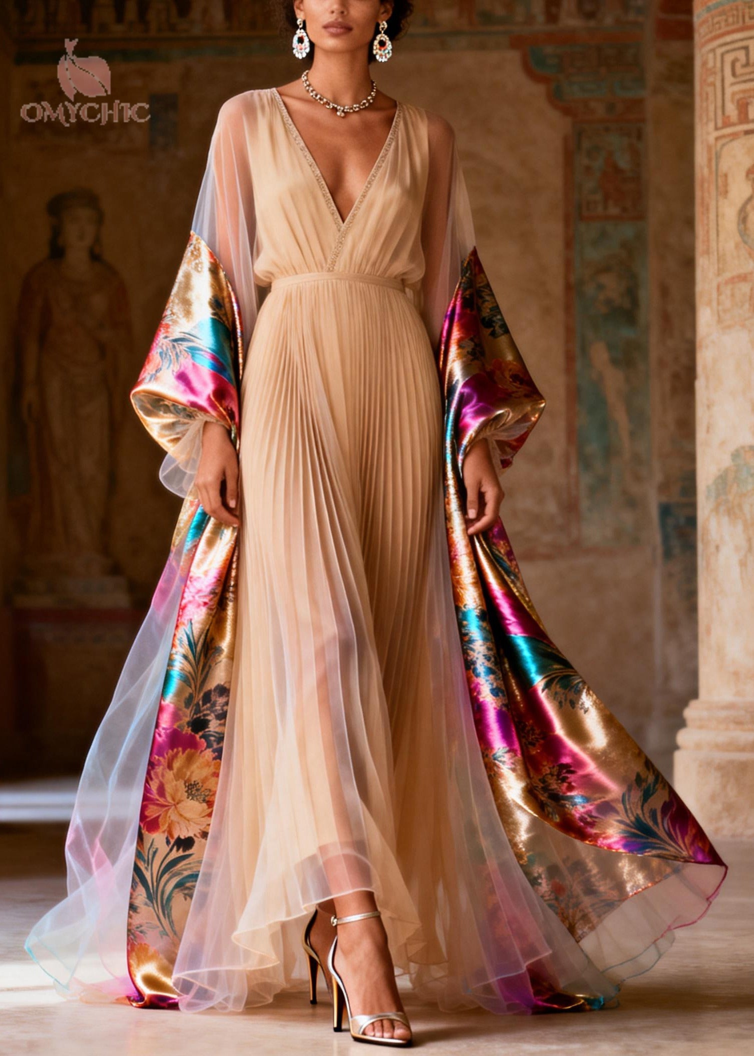Stylish Apricot Exra Large Hem Patchwork Chiffon Pleated Dress Summer