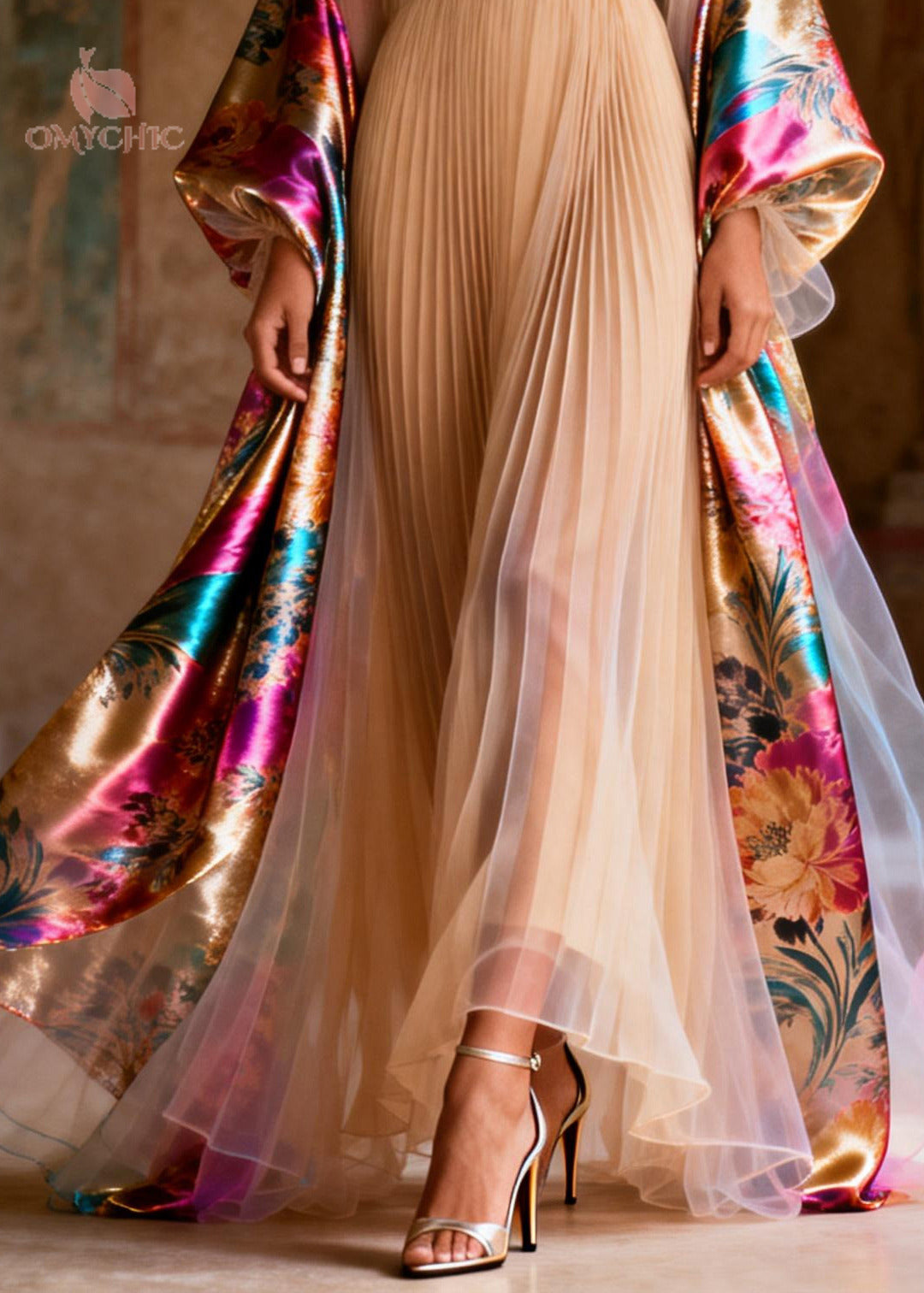 Stylish Apricot Exra Large Hem Patchwork Chiffon Pleated Dress Summer