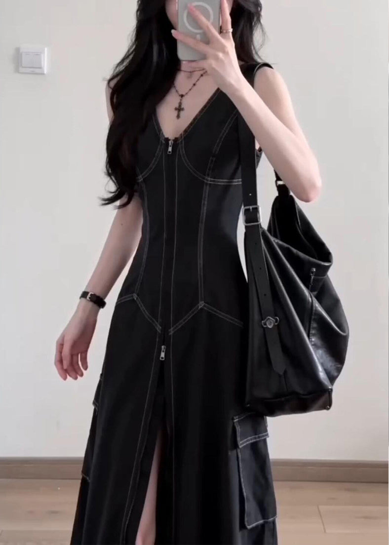 Stylish Black V Neck Side Open Denim A Line Dress Sleeveless