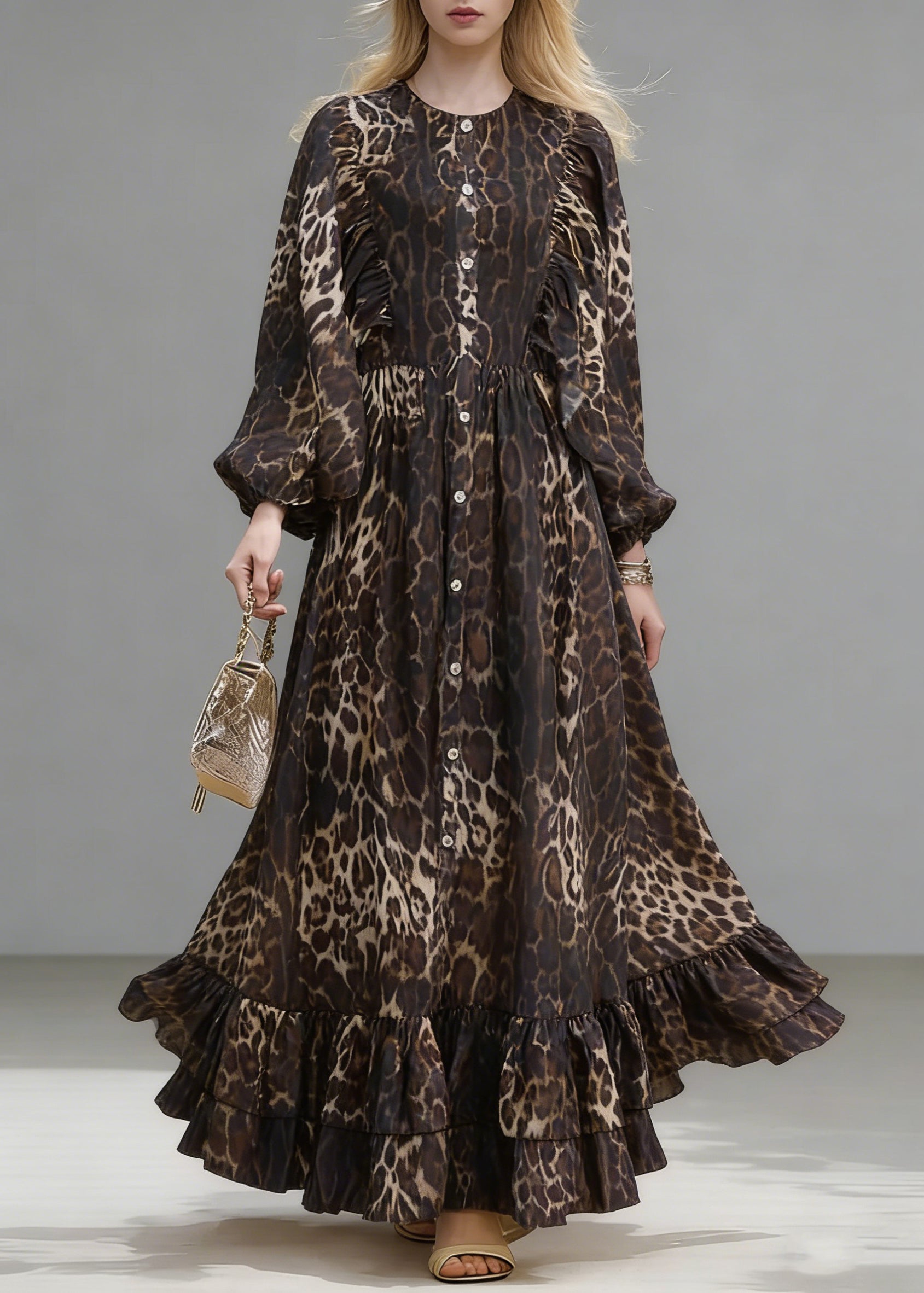 Stylish Brown Oversized Leopard Print Long Dress Lantern Sleeve
