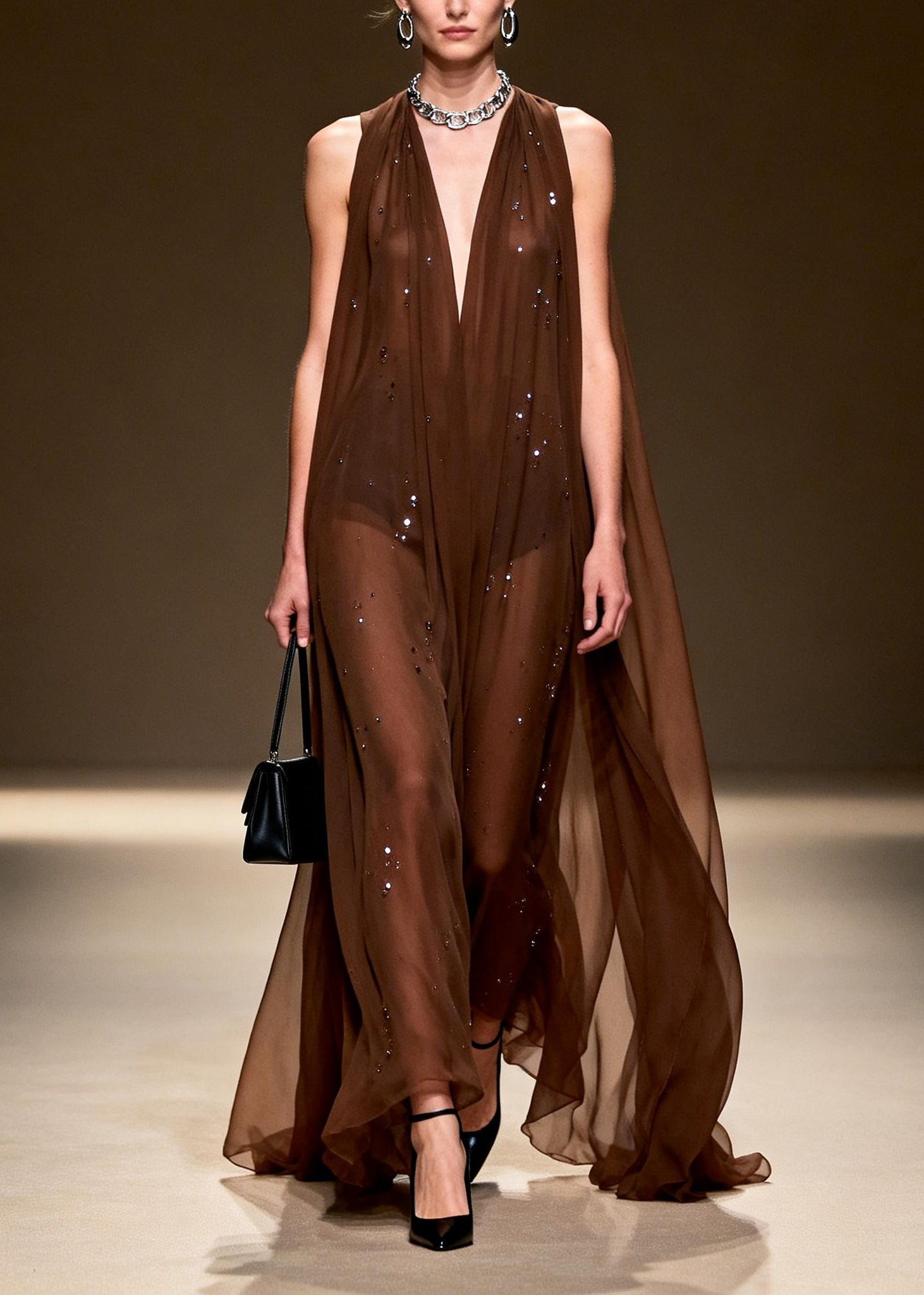 Stylish Chocolate Rhinestone Exra Large Hem Chiffon Vacation Dress Sleeveless