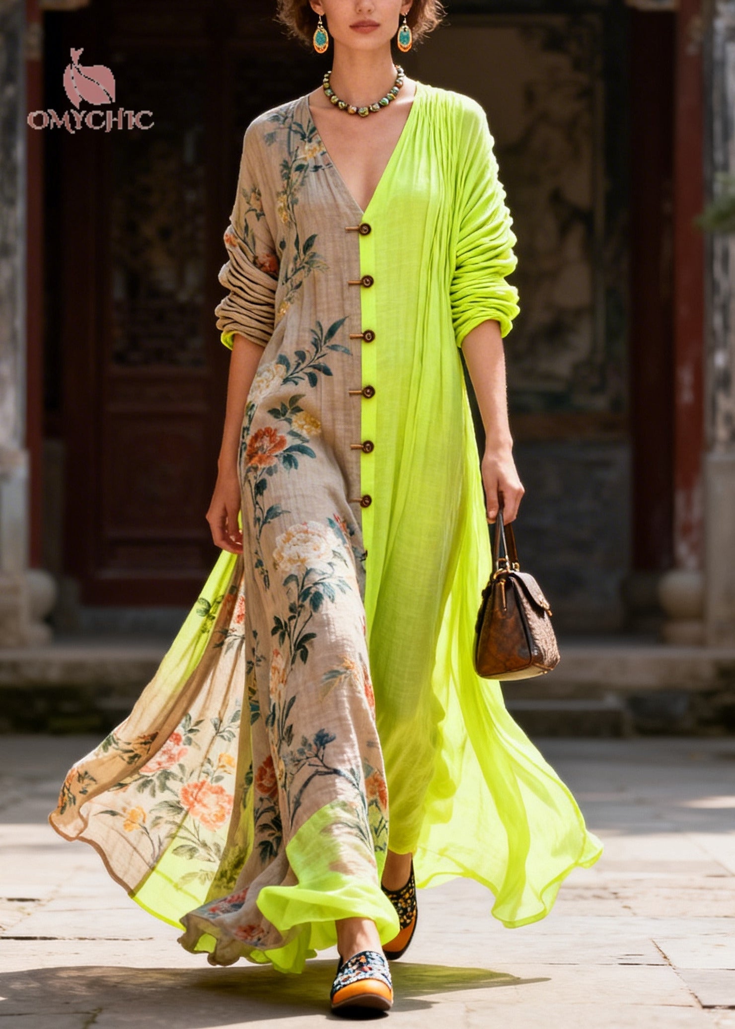 Stylish Colorblock Asymmetrical Patchwork Print Cotton Maxi Dress Summer