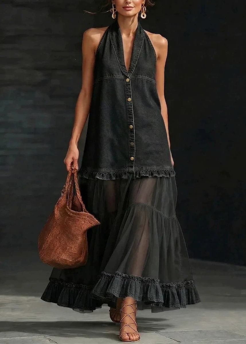 Stylish Navy Ruffled Patchwork Denim Long Dresses Sleeveless