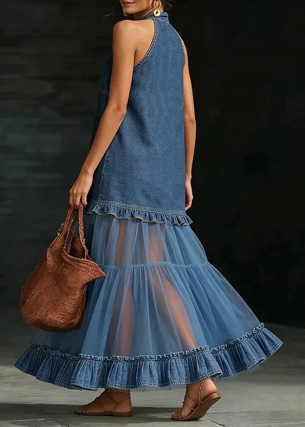 Stylish Navy Ruffled Patchwork Denim Long Dresses Sleeveless