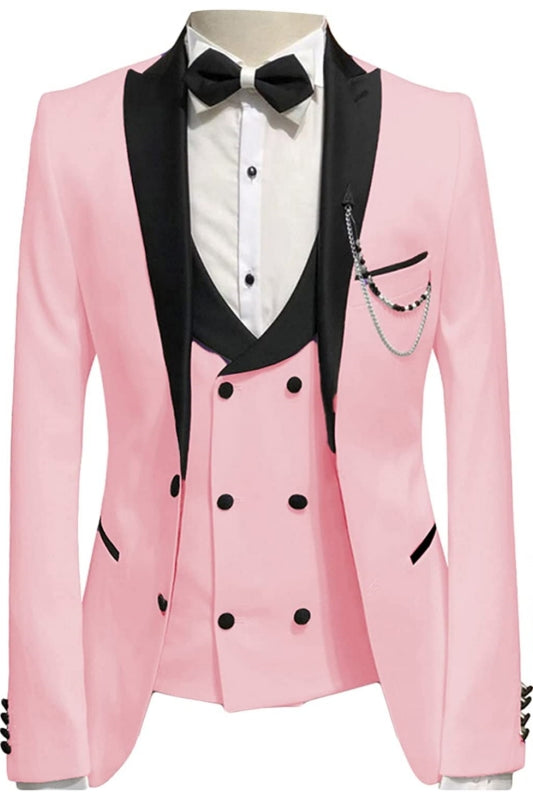Stylish Pink Peaked Lapel 3 Piece Prom Suit