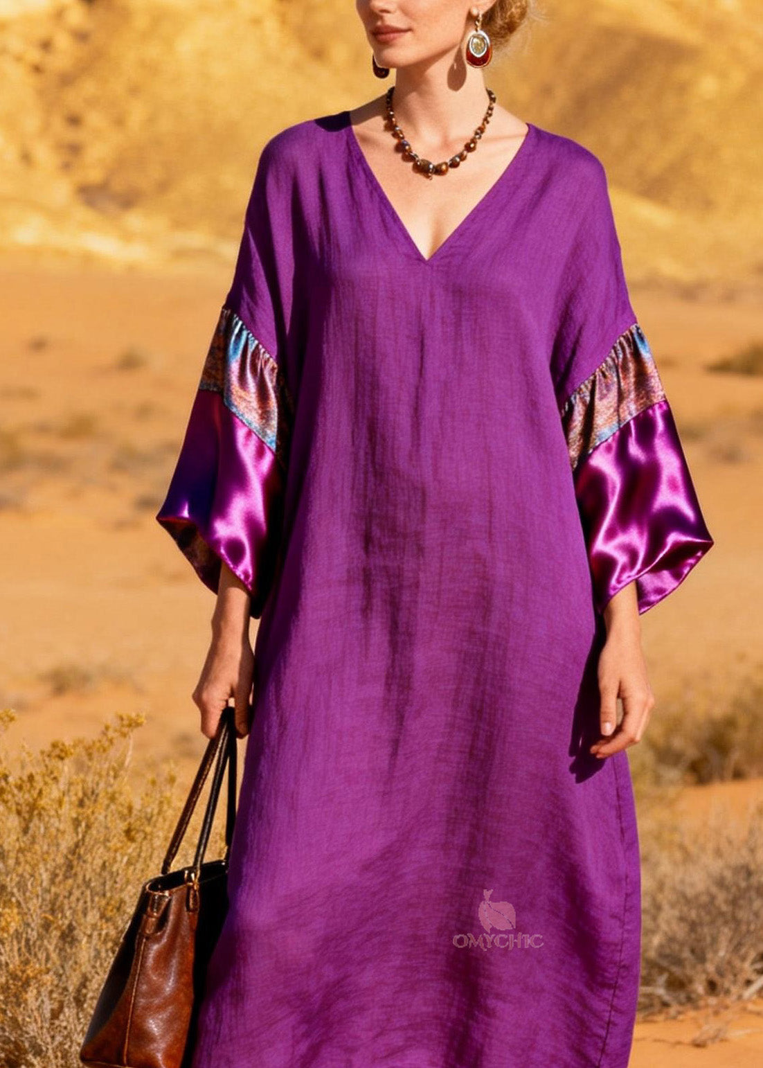 Stylish Purple V Neck Silk Patchwork Linen Dresses Summer