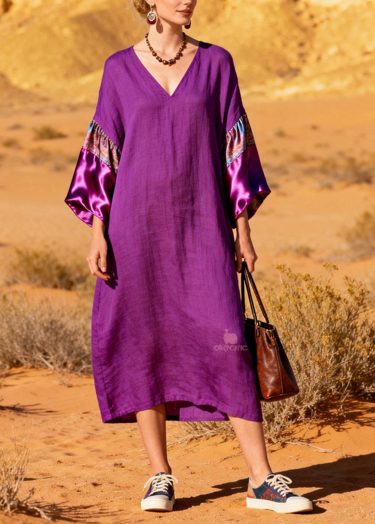 Stylish Purple V Neck Silk Patchwork Linen Dresses Summer
