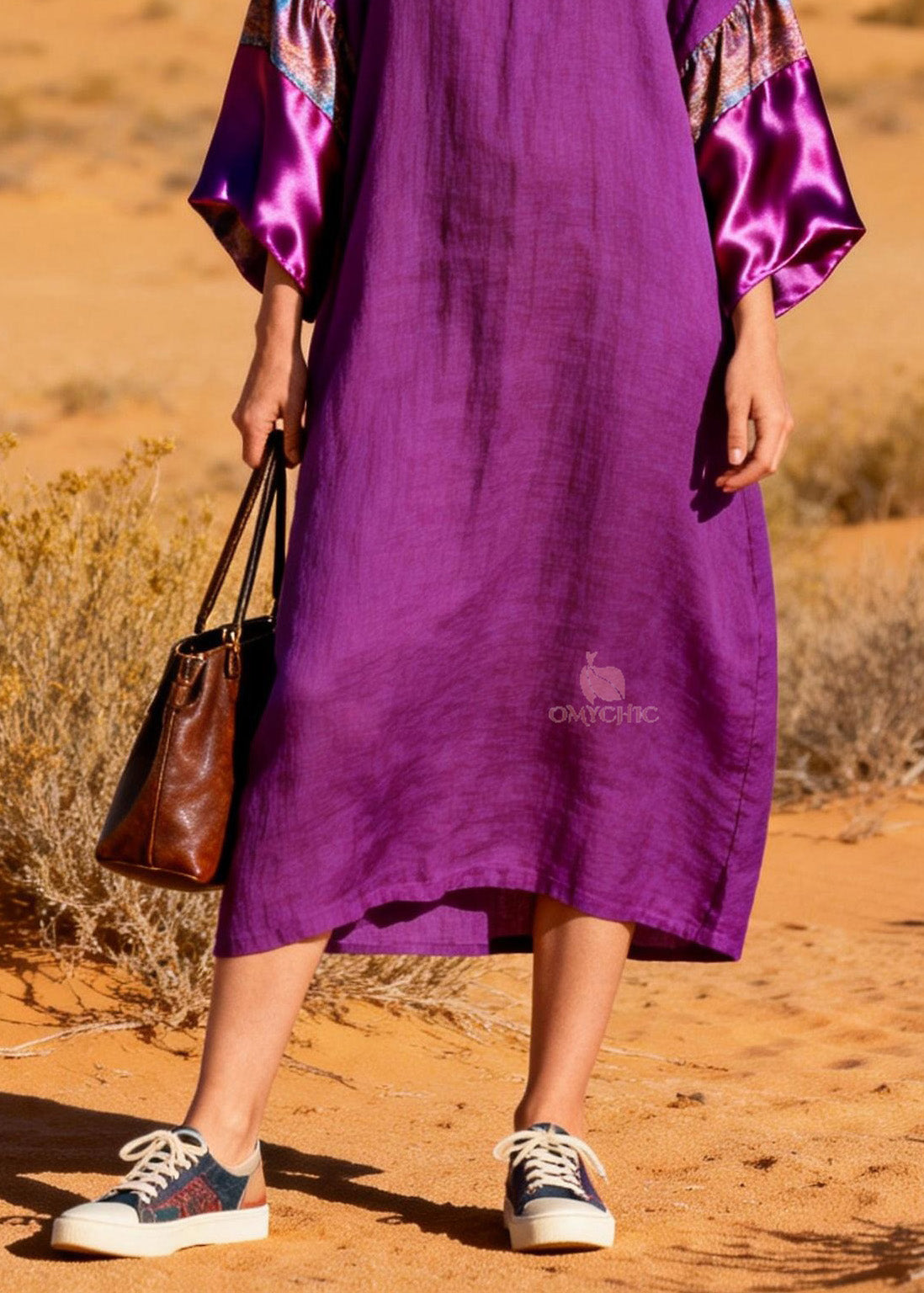 Stylish Purple V Neck Silk Patchwork Linen Dresses Summer