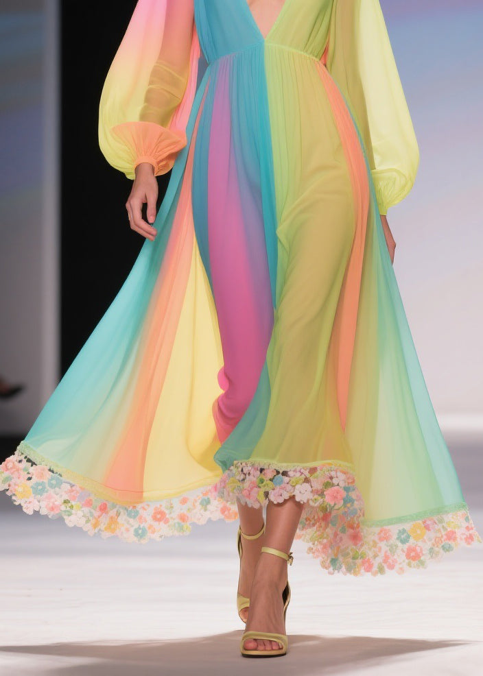 Stylish Rainbow Floral High Waist Chiffon Long Dresses Spring