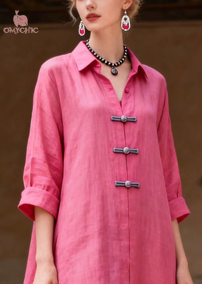 Stylish Rose Peter Pan Collar Chinese Button Cotton Maxi Dresses Summer
