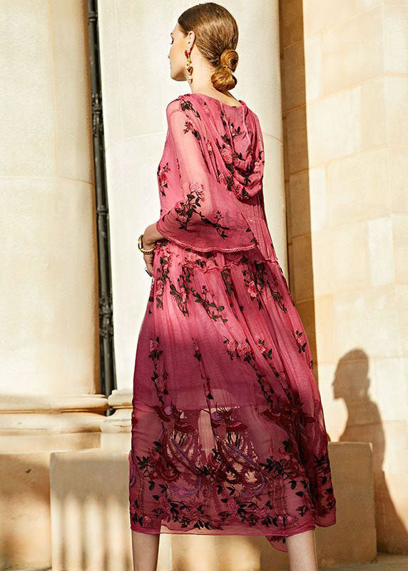 Stylish Rose V Neck Embroidered Hooded Silk Two Pieces Set Dresses