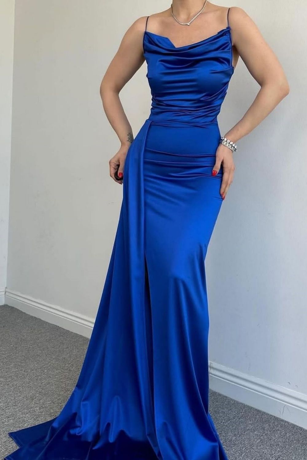 Stylish Mermaid Spaghetti Straps Long Pleated Satin Formal Dress with Slit